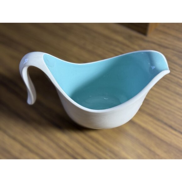 Vintage Ceramic Gravy Boat With Floral Design & Aqua Interior - Picture 3 of 6